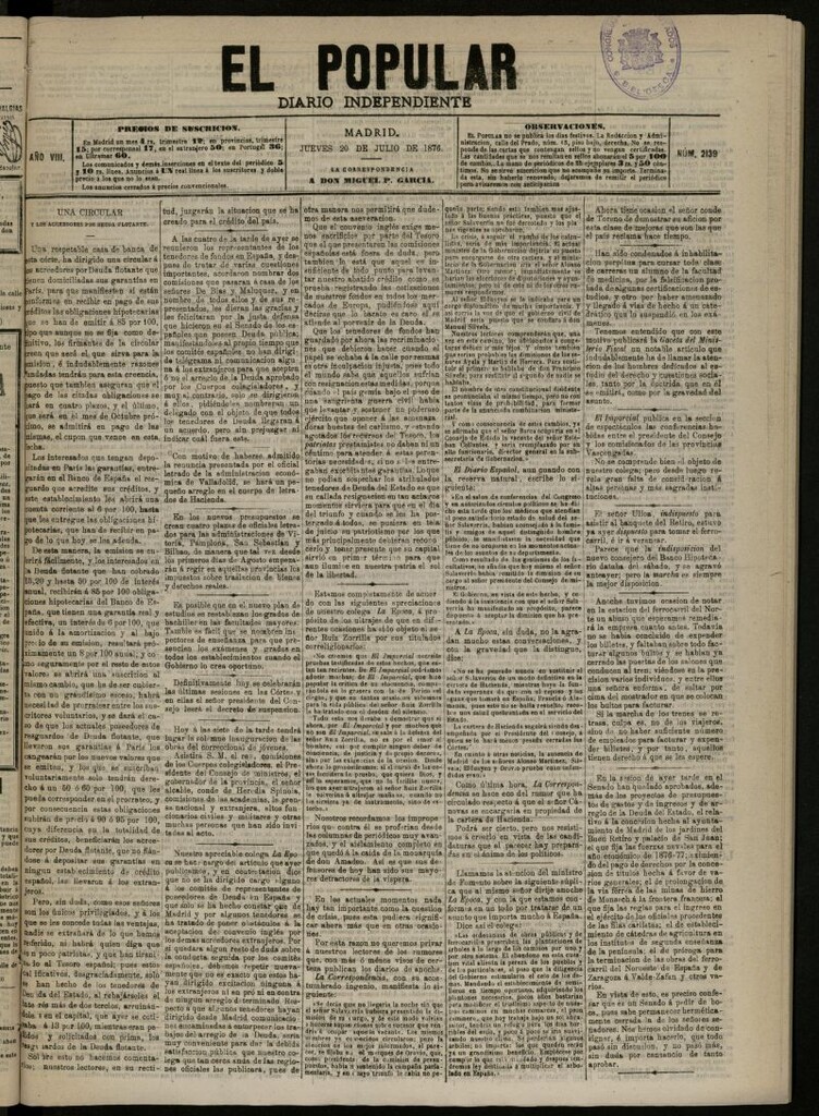 Miniatura de El Popular: diario independiente, político, literario y de noticias de interés general del 20 de julio de 1876, nº 2139