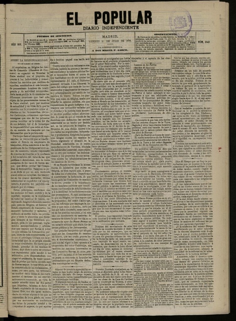 Miniatura de El Popular: diario independiente, político, literario y de noticias de interés general del 21 de julio de 1876, nº 2140