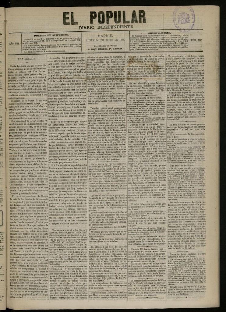 Miniatura de El Popular: diario independiente, político, literario y de noticias de interés general del 24 de julio de 1876, nº 2142