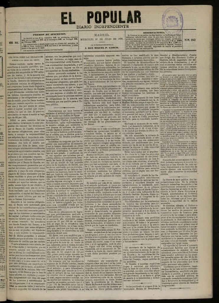 Miniatura de El Popular: diario independiente, político, literario y de noticias de interés general del 26 de julio de 1876, nº 2143