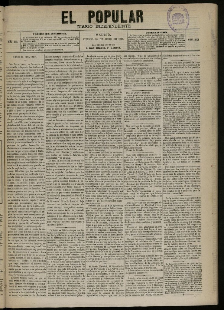 Miniatura de El Popular: diario independiente, político, literario y de noticias de interés general del 28 de julio de 1876, nº 2145