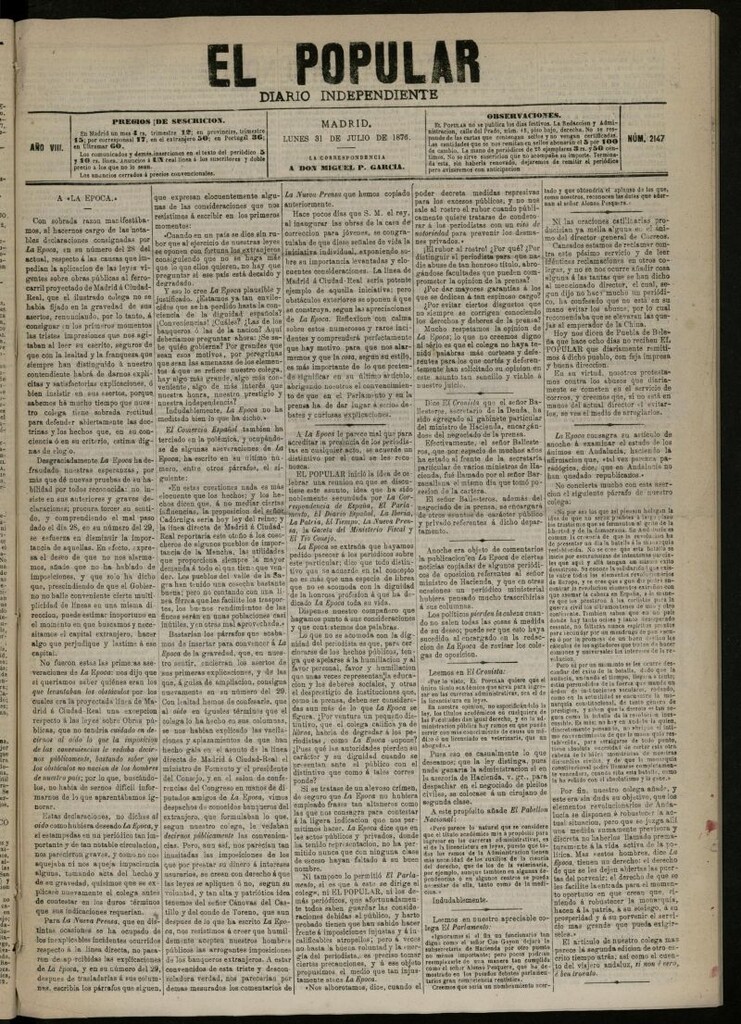 Miniatura de El Popular: diario independiente, político, literario y de noticias de interés general del 31 de julio de 1876, nº 2147