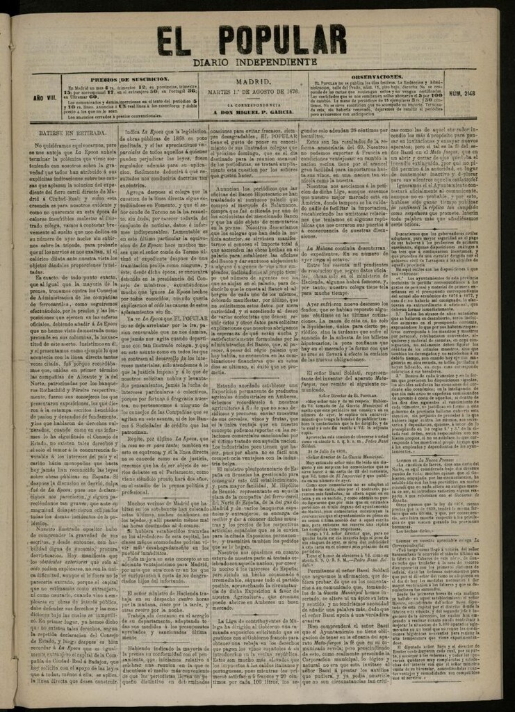 Miniatura de El Popular: diario independiente, político, literario y de noticias de interés general del 1 de agosto de 1876, nº 2148