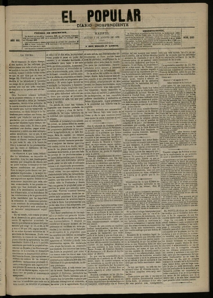 Miniatura de El Popular: diario independiente, político, literario y de noticias de interés general del 3 de agosto de 1876, nº 2150