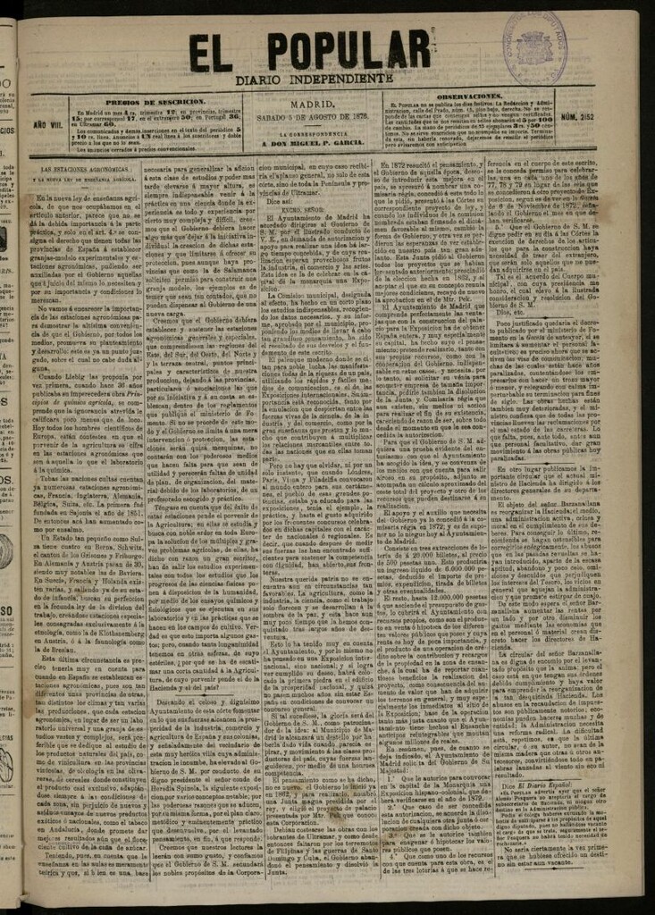 Miniatura de El Popular: diario independiente, político, literario y de noticias de interés general del 5 de agosto de 1876, nº 2152