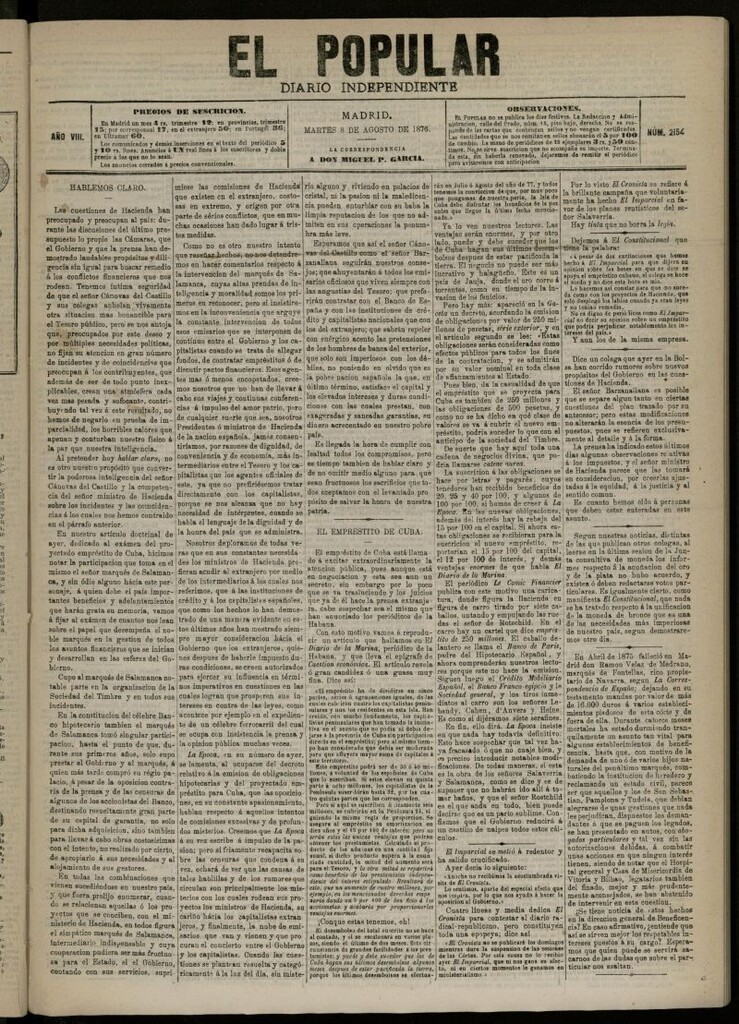 Miniatura de El Popular: diario independiente, político, literario y de noticias de interés general del 8 de agosto de 1876, nº 2154