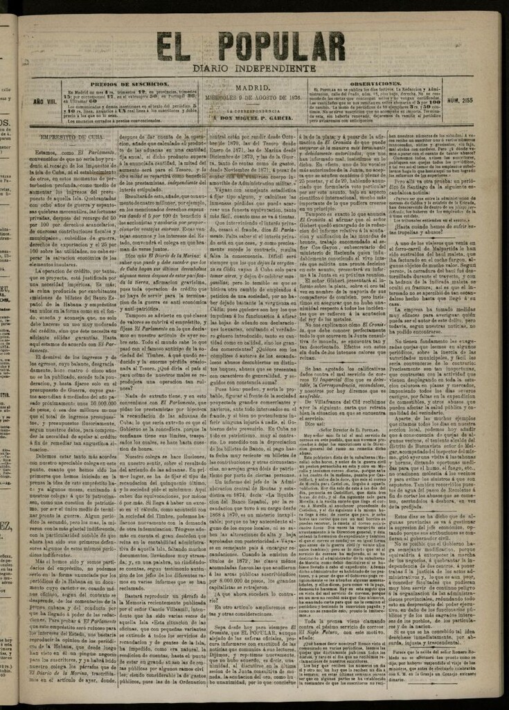 Miniatura de El Popular: diario independiente, político, literario y de noticias de interés general del 9 de agosto de 1876, nº 2155