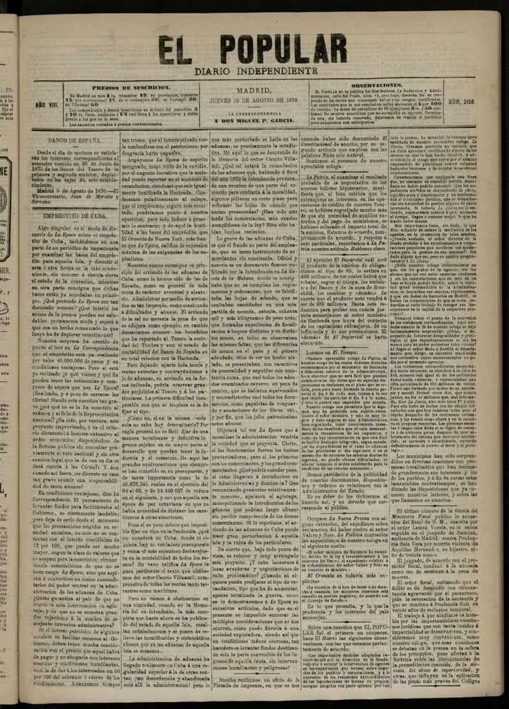 Miniatura de El Popular: diario independiente, político, literario y de noticias de interés general del 10 de agosto de 1876, nº 2156