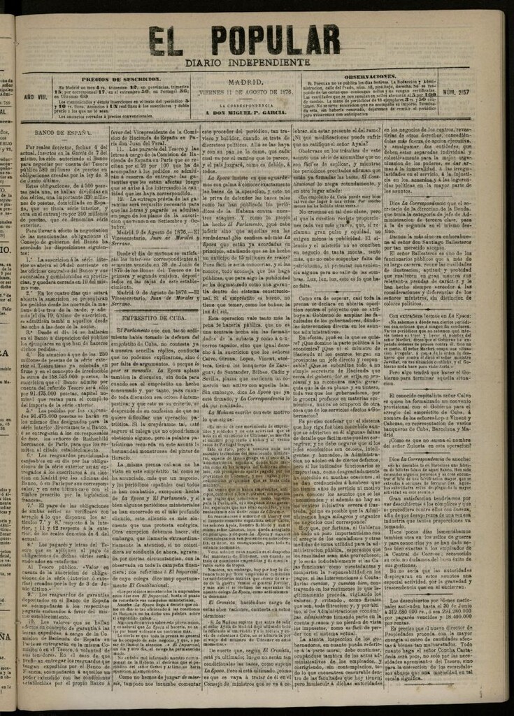 Miniatura de El Popular: diario independiente, político, literario y de noticias de interés general del 11 de agosto de 1876, nº 2157