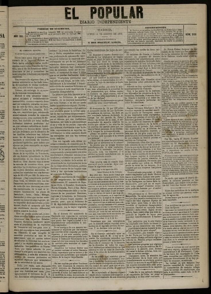 Miniatura de El Popular: diario independiente, político, literario y de noticias de interés general del 14 de agosto de 1876, nº 2159