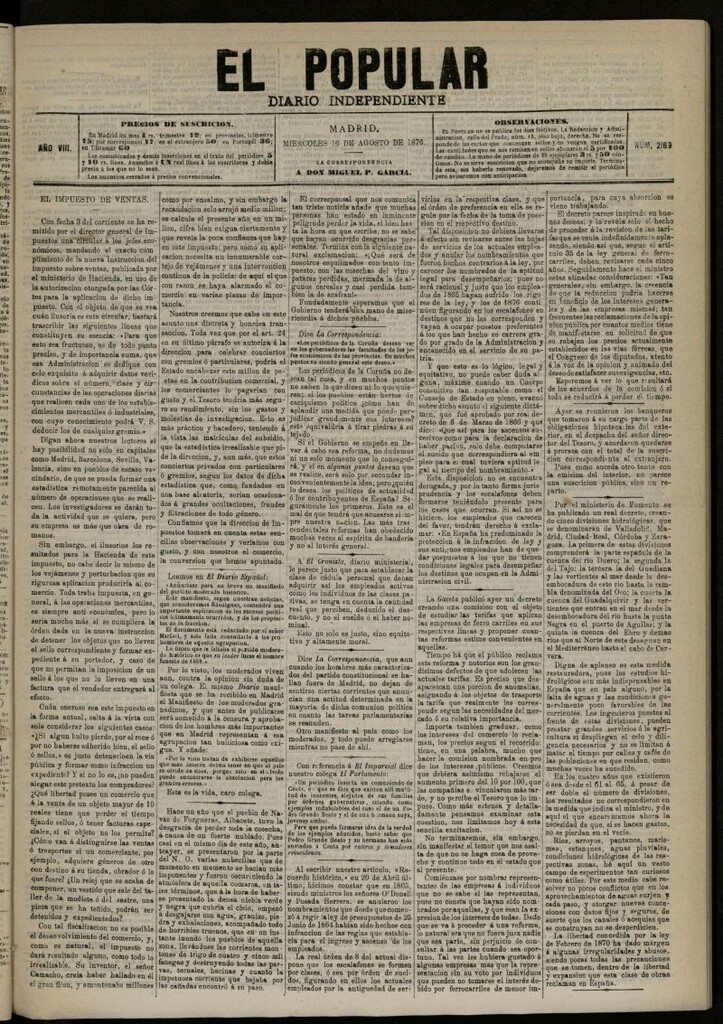 Miniatura de El Popular: diario independiente, político, literario y de noticias de interés general del 16 de agosto de 1876, nº 2160