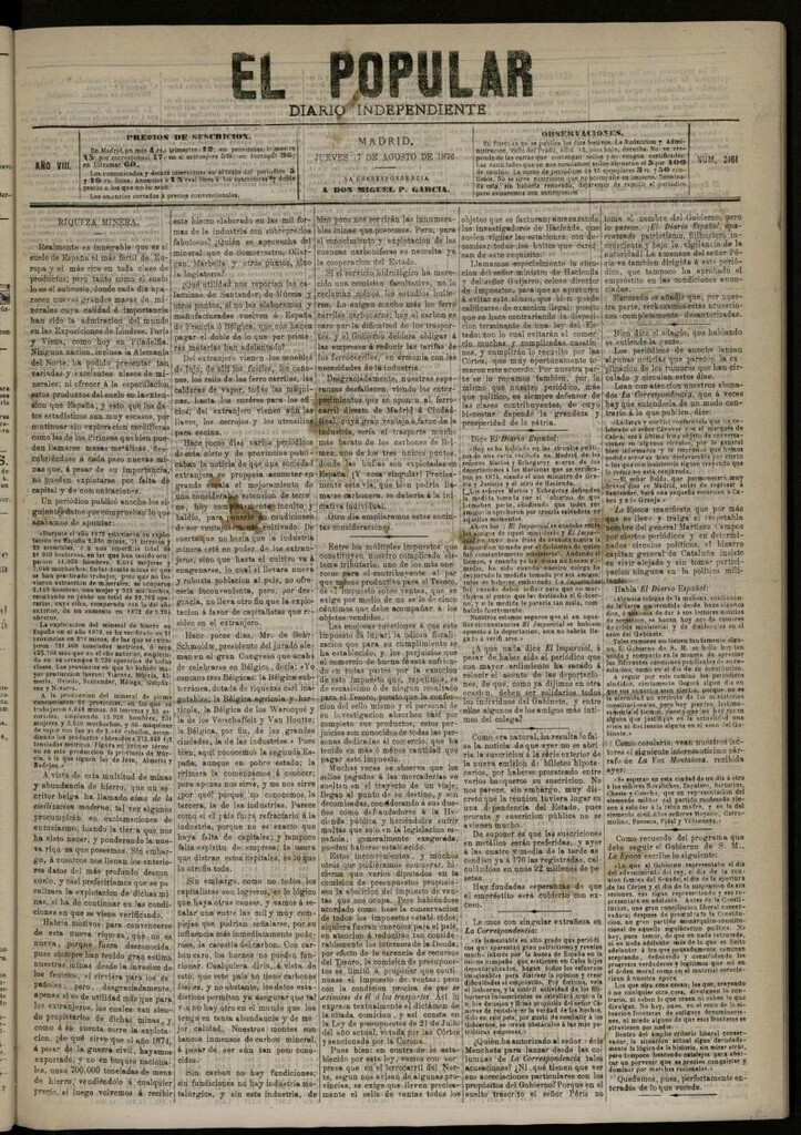 Miniatura de El Popular: diario independiente, político, literario y de noticias de interés general del 17 de agosto de 1876, nº 2161