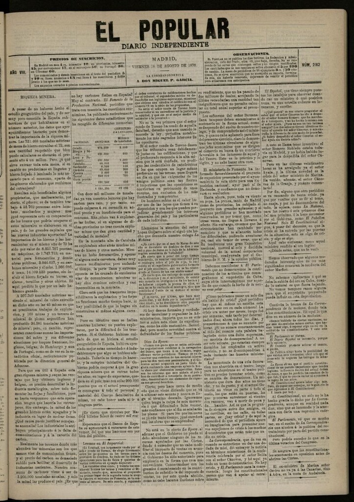 Miniatura de El Popular: diario independiente, político, literario y de noticias de interés general del 18 de agosto de 1876, nº 2162