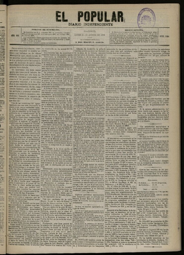Miniatura de El Popular: diario independiente, político, literario y de noticias de interés general del 21 de agosto de 1876, nº 2164