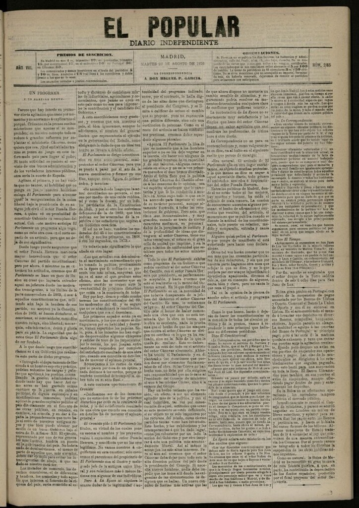 Miniatura de El Popular: diario independiente, político, literario y de noticias de interés general del 22 de agosto de 1876, nº 2165