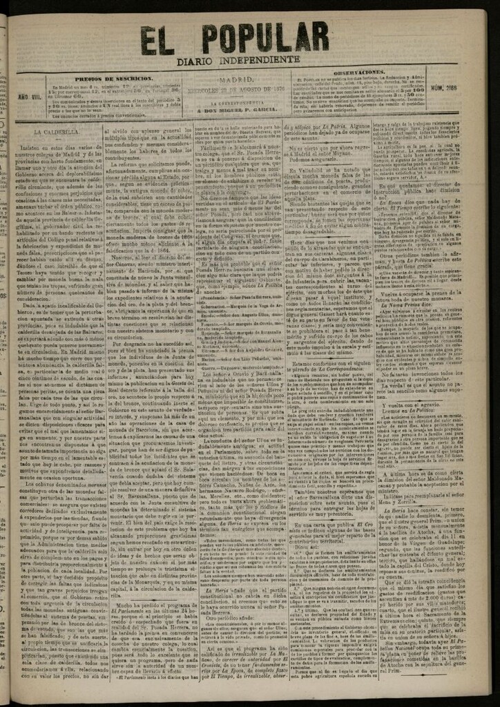 Miniatura de El Popular: diario independiente, político, literario y de noticias de interés general del 23 de agosto de 1876, nº 2166