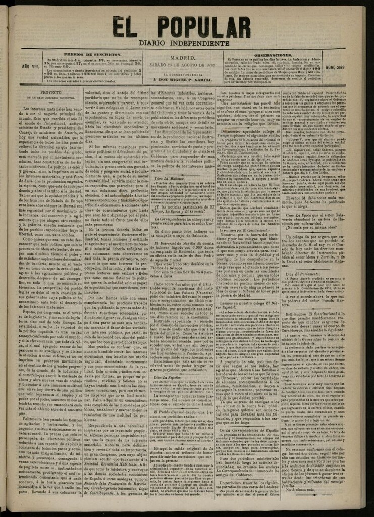 Miniatura de El Popular: diario independiente, político, literario y de noticias de interés general del 26 de agosto de 1876, nº 2169