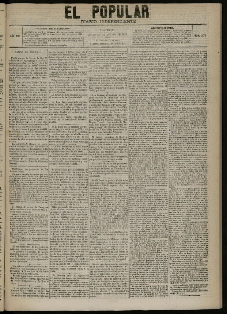 Miniatura de El Popular: diario independiente, político, literario y de noticias de interés general del 28 de agosto de 1876, nº 2170