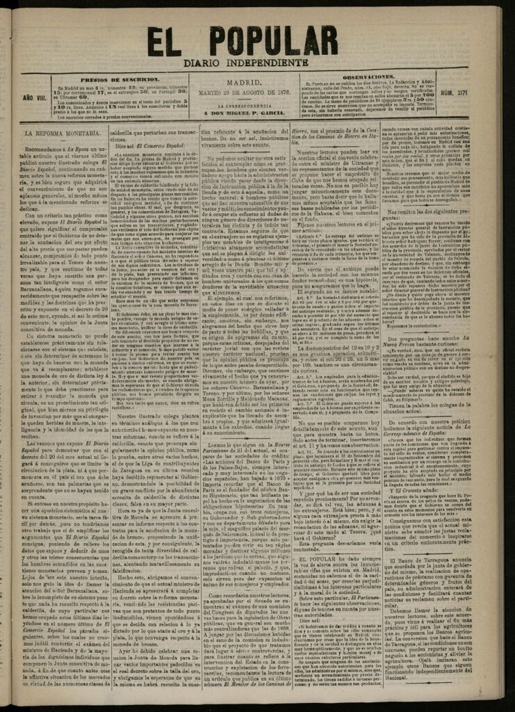 Miniatura de El Popular: diario independiente, político, literario y de noticias de interés general del 29 de agosto de 1876, nº 2171