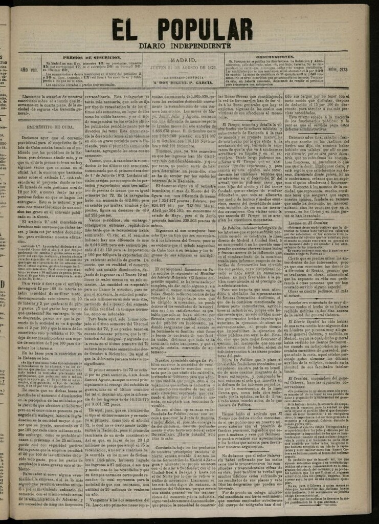 Miniatura de El Popular: diario independiente, político, literario y de noticias de interés general del 31 de agosto de 1876, nº 2173