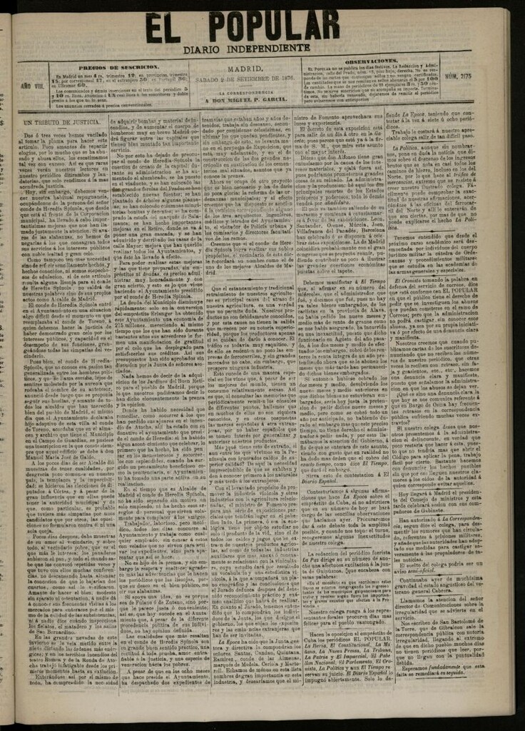 Miniatura de El Popular: diario independiente, político, literario y de noticias de interés general del 2 de septiembre de 1876, nº 2175