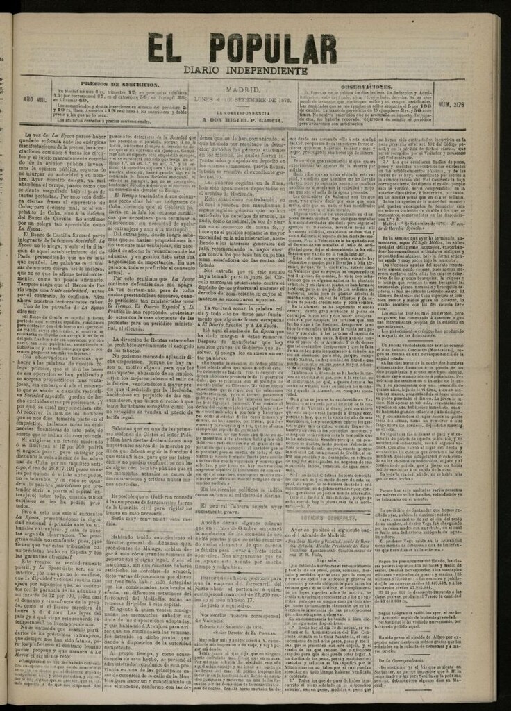 Miniatura de El Popular: diario independiente, político, literario y de noticias de interés general del 4 de septiembre de 1876, nº 2176