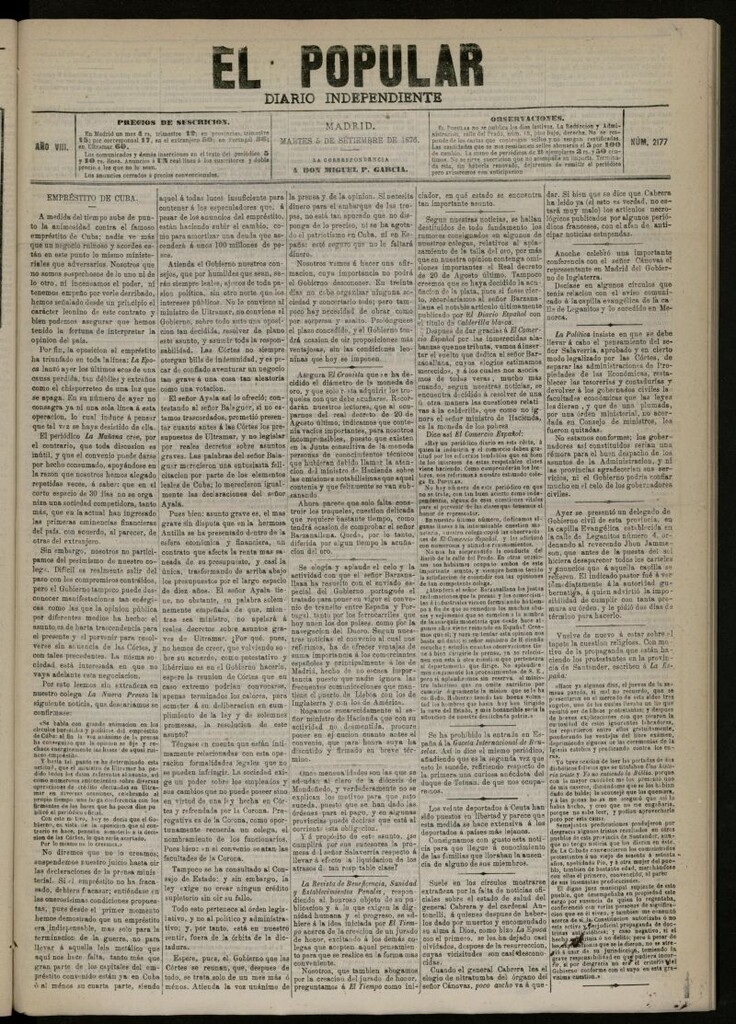 Miniatura de El Popular: diario independiente, político, literario y de noticias de interés general del 5 de septiembre de 1876, nº 2177