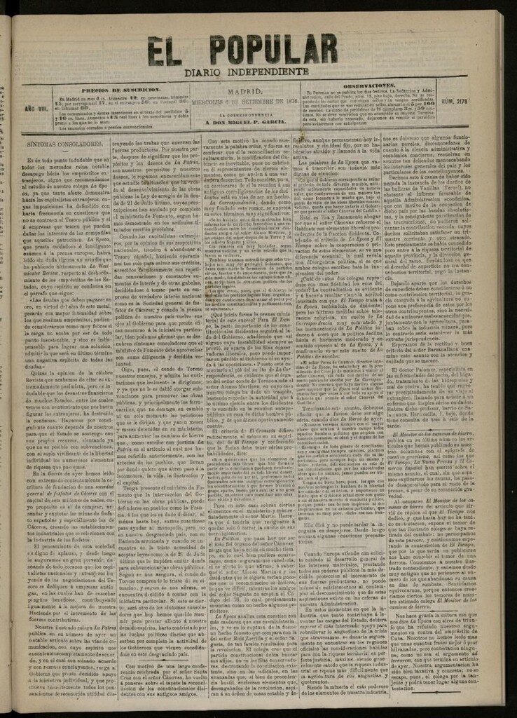 Miniatura de El Popular: diario independiente, político, literario y de noticias de interés general del 6 de septiembre de 1876, nº 2178