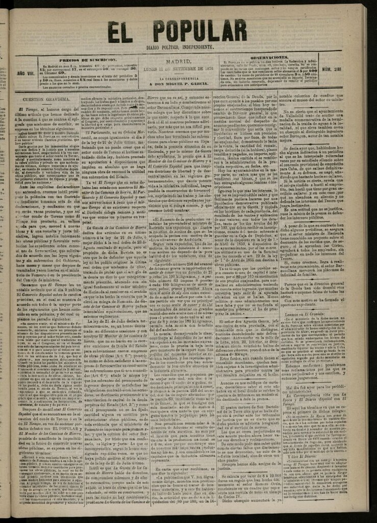 Miniatura de El Popular: diario independiente, político, literario y de noticias de interés general del 11 de septiembre de 1876, nº 2181