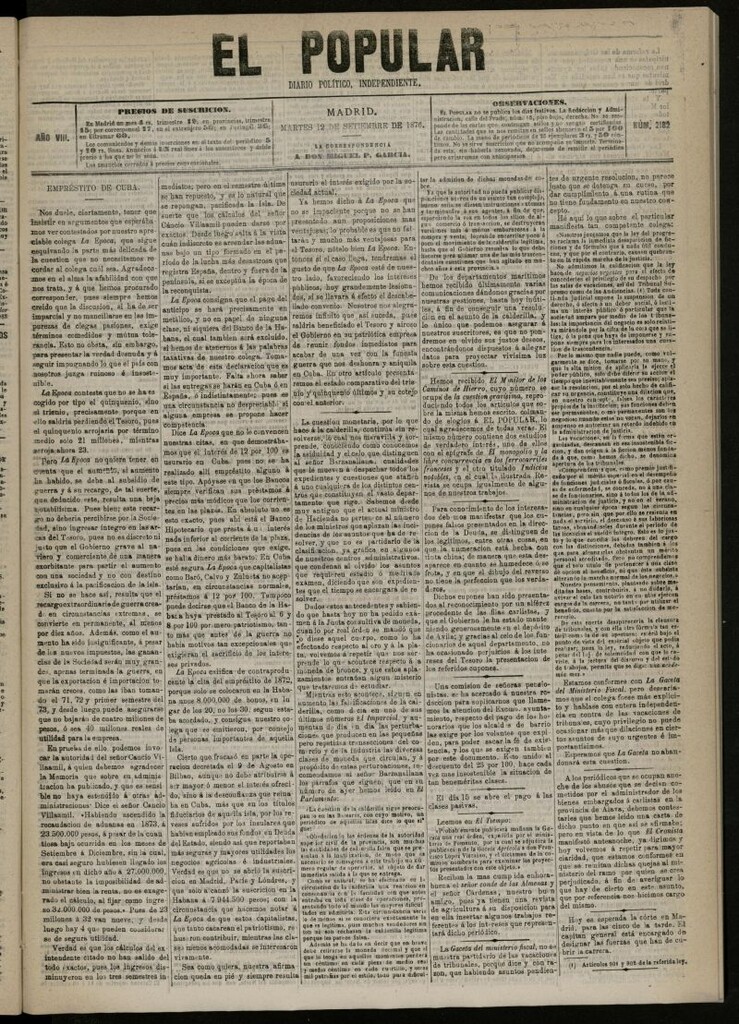 Miniatura de El Popular: diario independiente, político, literario y de noticias de interés general del 12 de septiembre de 1876, nº 2182