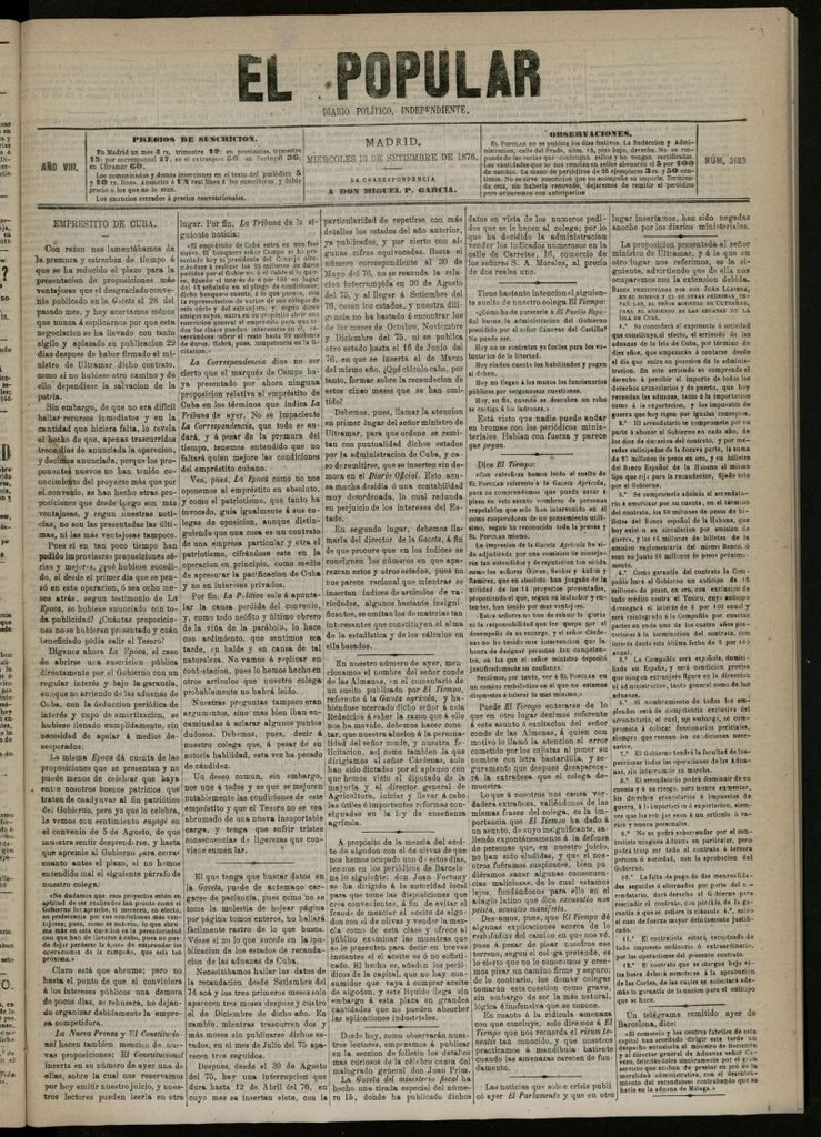 Miniatura de El Popular: diario independiente, político, literario y de noticias de interés general del 13 de septiembre de 1876, nº 2183