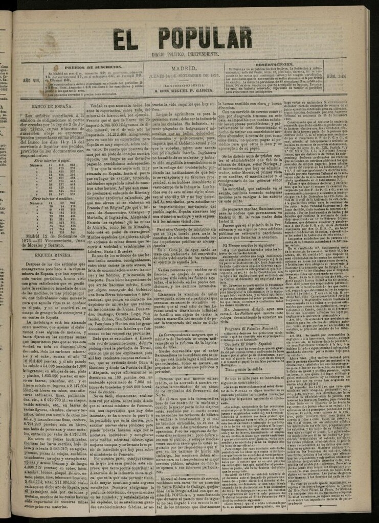 Miniatura de El Popular: diario independiente, político, literario y de noticias de interés general del 14 de septiembre de 1876, nº 2184