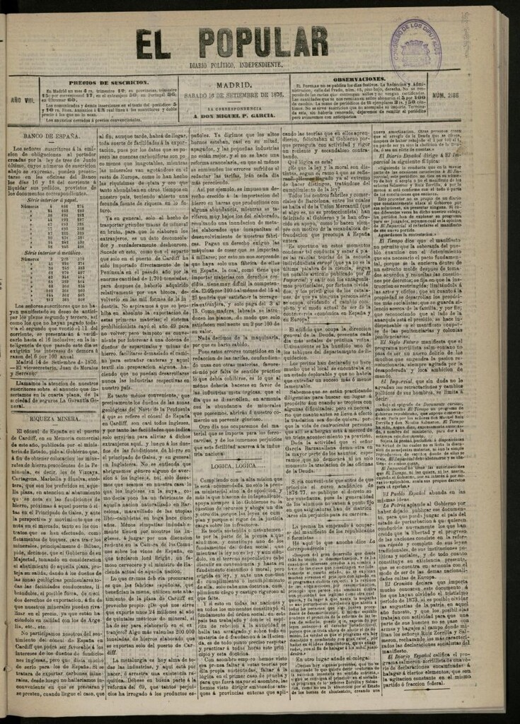 Miniatura de El Popular: diario independiente, político, literario y de noticias de interés general del 16 de septiembre de 1876, nº 2186
