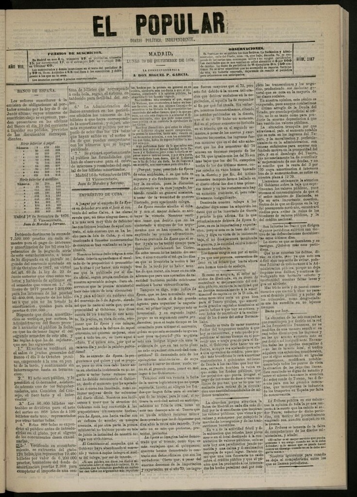 Miniatura de El Popular: diario independiente, político, literario y de noticias de interés general del 19 de septiembre de 1876, nº 2187