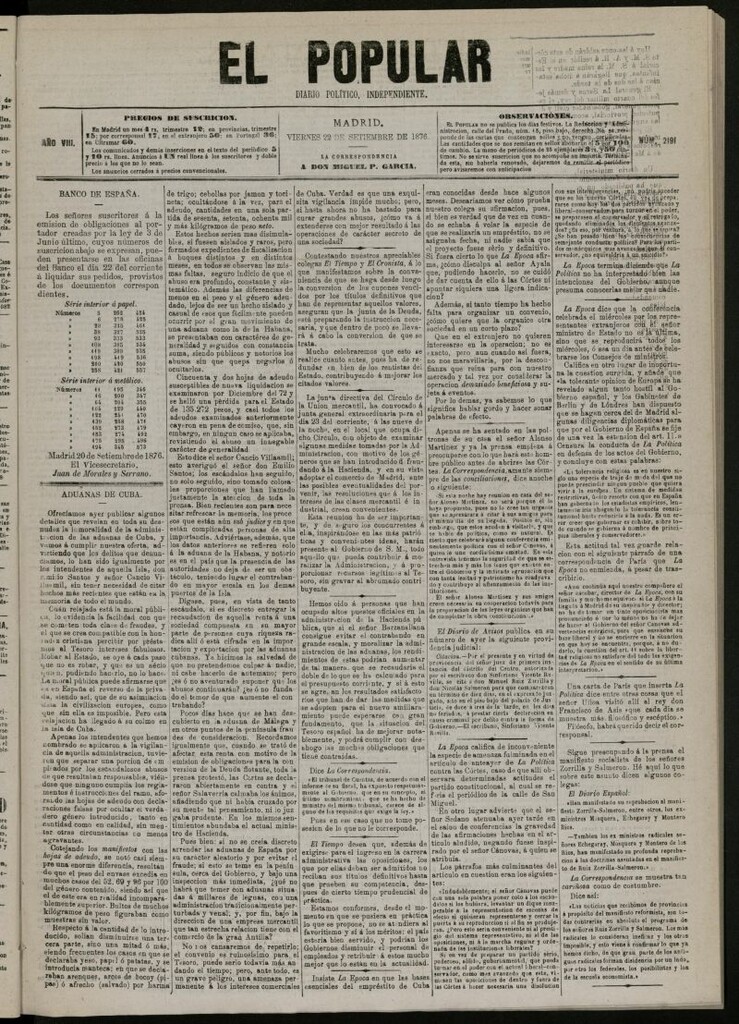 Miniatura de El Popular: diario independiente, político, literario y de noticias de interés general del 22 de septiembre de 1876, nº 2191