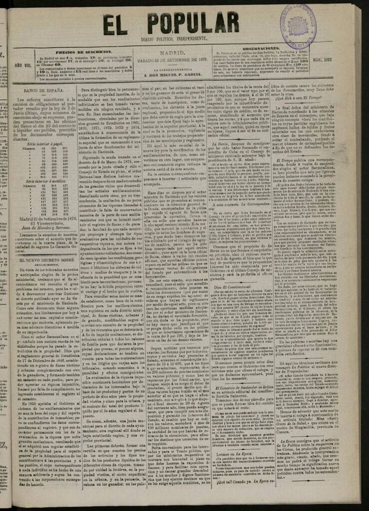 Miniatura de El Popular: diario independiente, político, literario y de noticias de interés general del 23 de septiembre de 1876, nº 2192