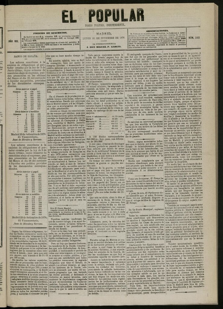 Miniatura de El Popular: diario independiente, político, literario y de noticias de interés general del 25 de septiembre de 1876, nº 2193