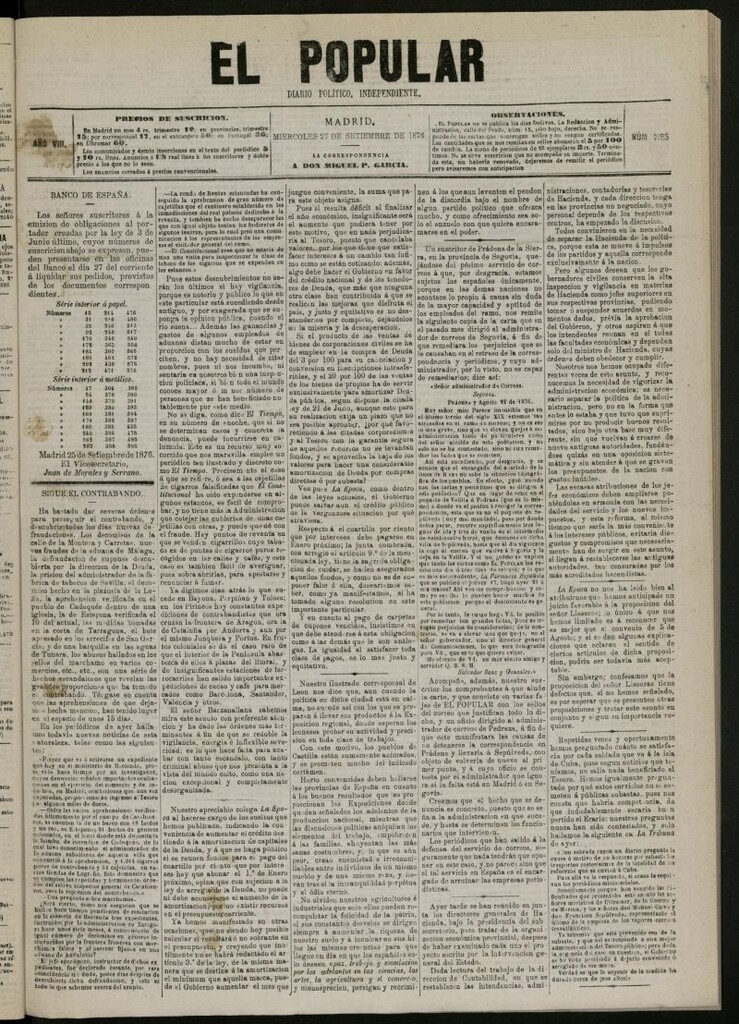 Miniatura de El Popular: diario independiente, político, literario y de noticias de interés general del 27 de septiembre de 1876, nº 2195
