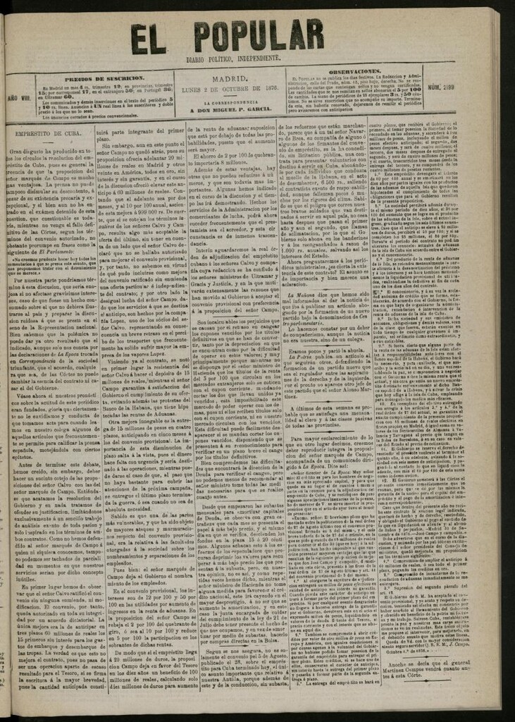 Miniatura de El Popular: diario independiente, político, literario y de noticias de interés general del 2 de octubre de 1876, nº 2199