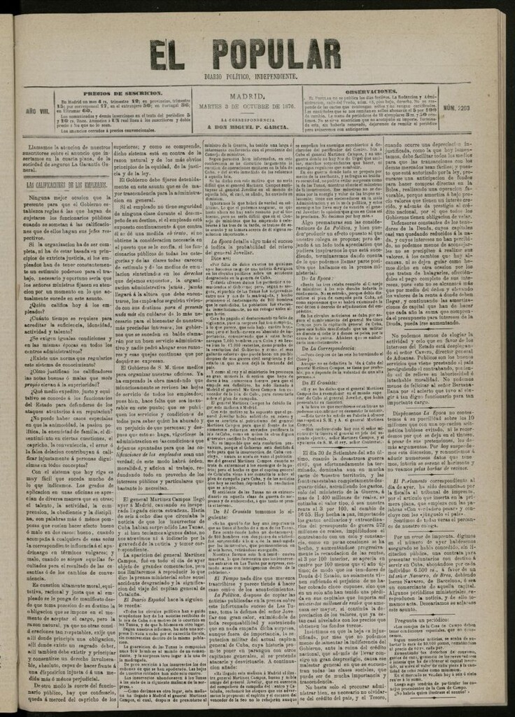 Miniatura de El Popular: diario independiente, político, literario y de noticias de interés general del 3 de octubre de 1876, nº 2200