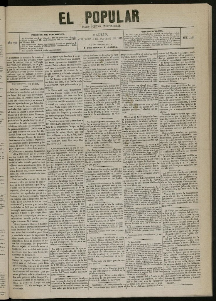 Miniatura de El Popular: diario independiente, político, literario y de noticias de interés general del 4 de octubre de 1876, nº 2201