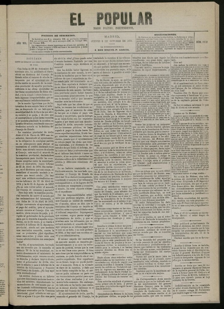 Miniatura de El Popular: diario independiente, político, literario y de noticias de interés general del 5 de octubre de 1876, nº 2202