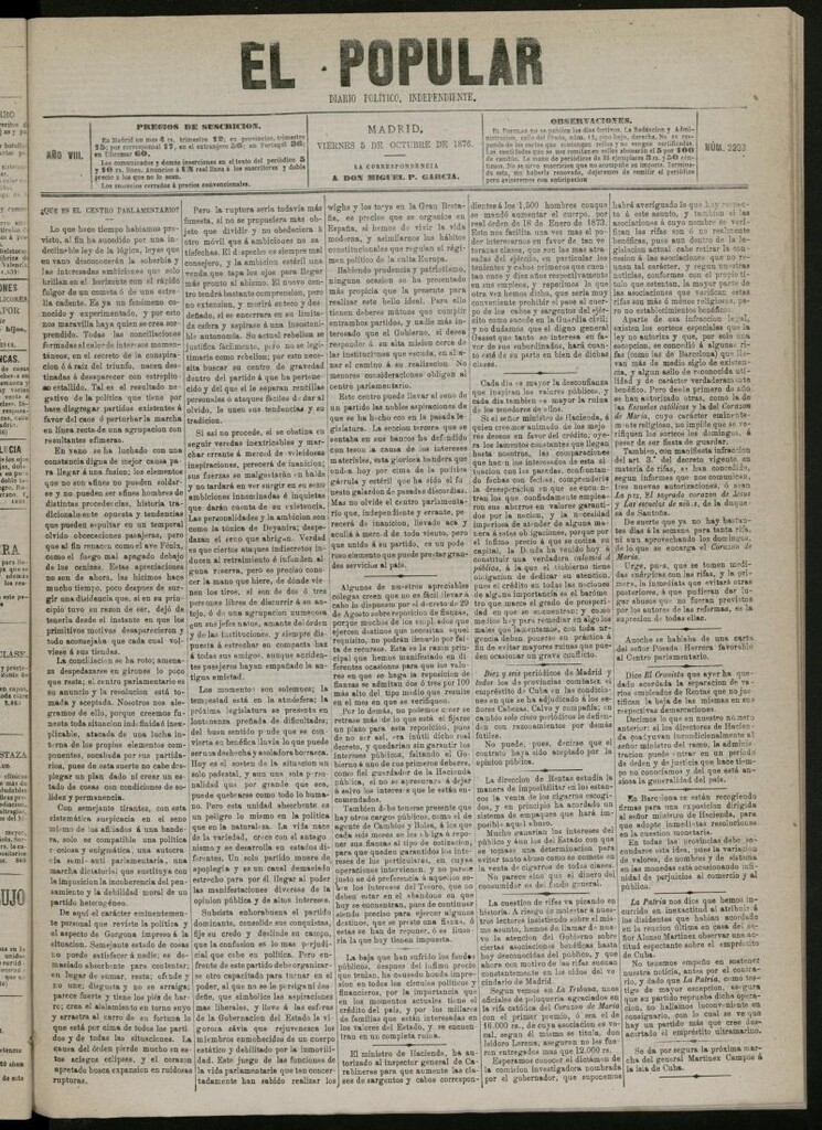 Miniatura de El Popular: diario independiente, político, literario y de noticias de interés general del 5 de octubre de 1876, nº 2203 [sic]