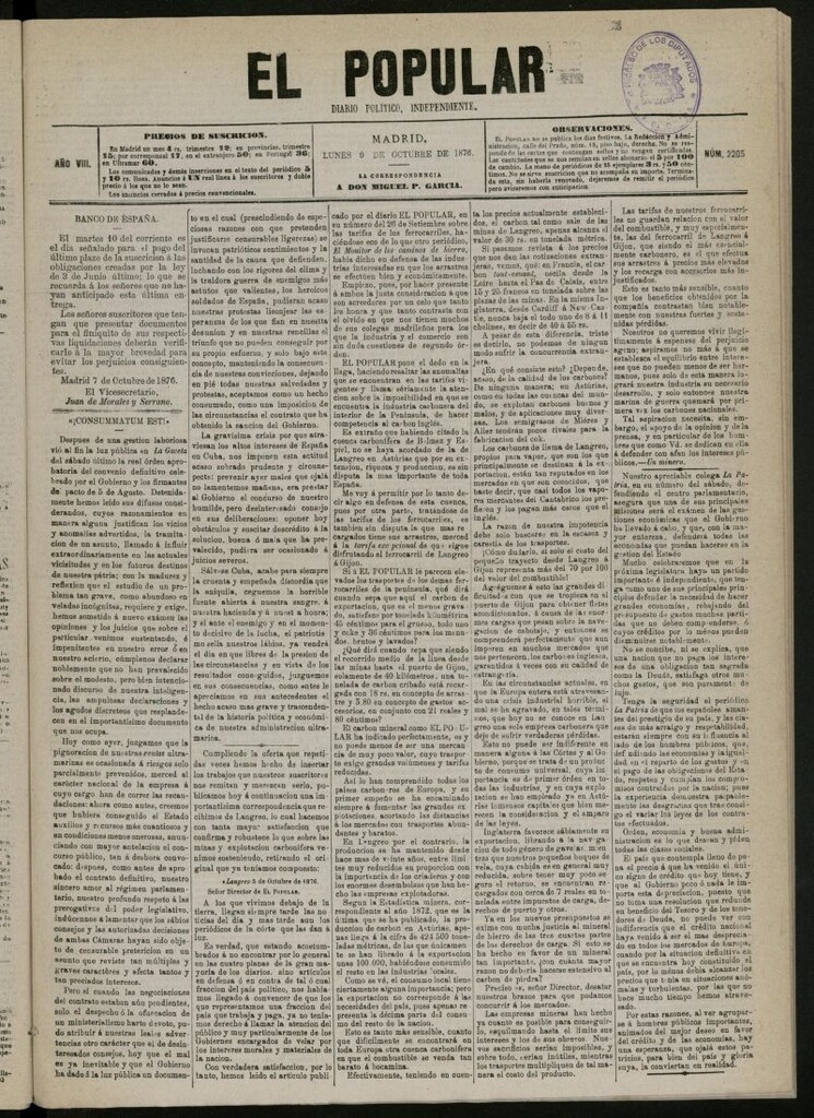 Miniatura de El Popular: diario independiente, político, literario y de noticias de interés general del 9 de octubre de 1876, nº 2205