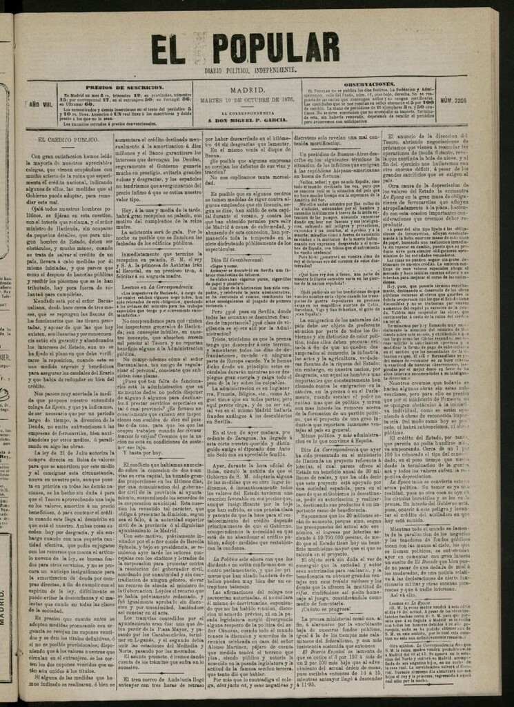 Miniatura de El Popular: diario independiente, político, literario y de noticias de interés general del 10 de octubre de 1876, nº 2206