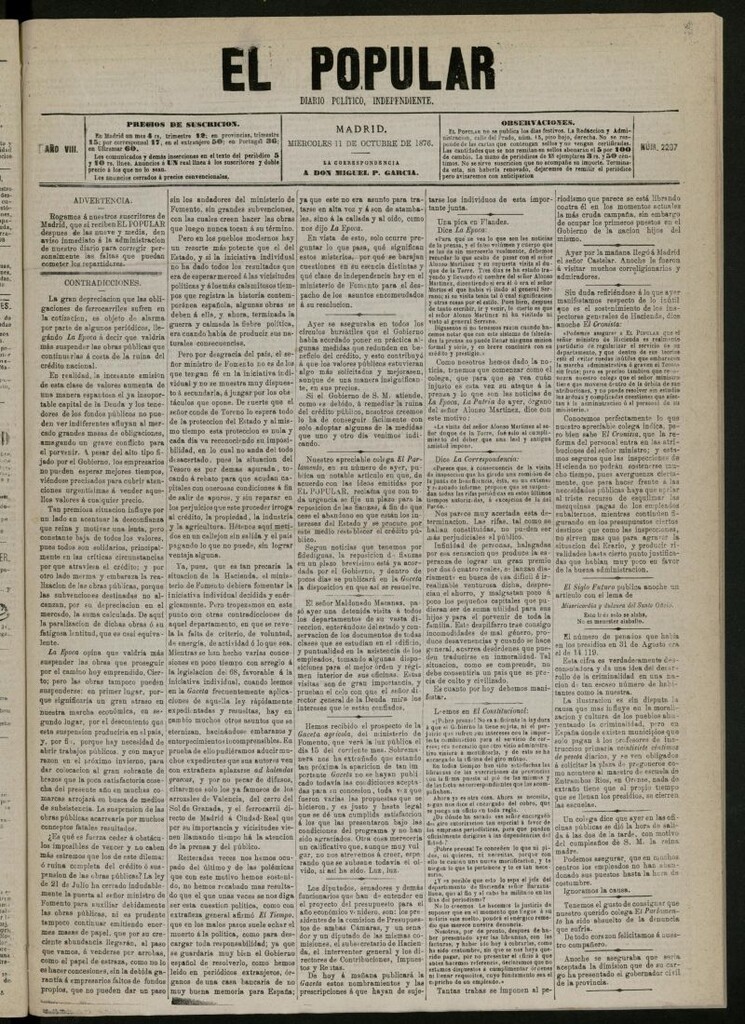 Miniatura de El Popular: diario independiente, político, literario y de noticias de interés general del 11 de octubre de 1876, nº 2207