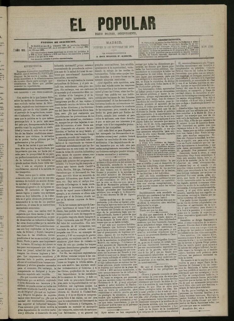 Miniatura de El Popular: diario independiente, político, literario y de noticias de interés general del 12 de octubre de 1876, nº 2208