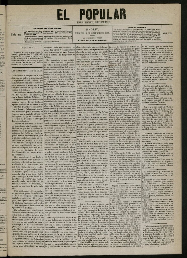 Miniatura de El Popular: diario independiente, político, literario y de noticias de interés general del 13 de octubre de 1876, nº 2209