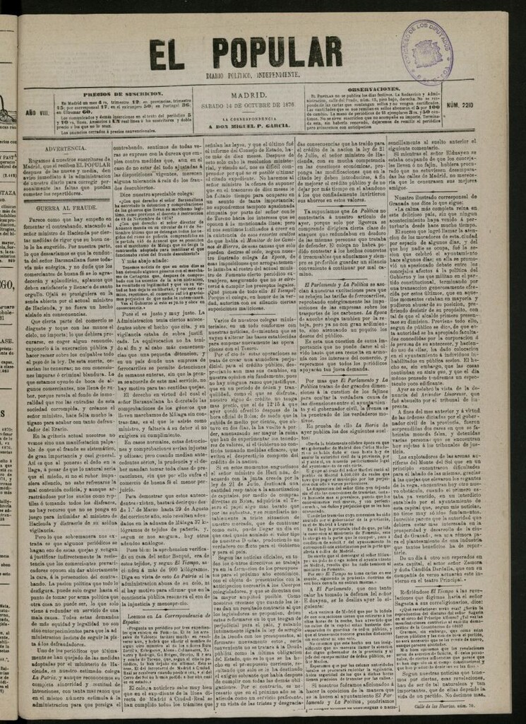 Miniatura de El Popular: diario independiente, político, literario y de noticias de interés general del 14 de octubre de 1876, nº 2210