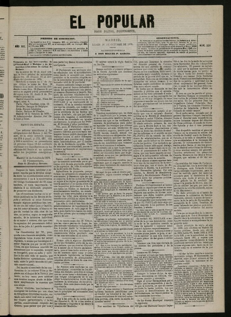 Miniatura de El Popular: diario independiente, político, literario y de noticias de interés general del 16 de octubre de 1876, nº 2211